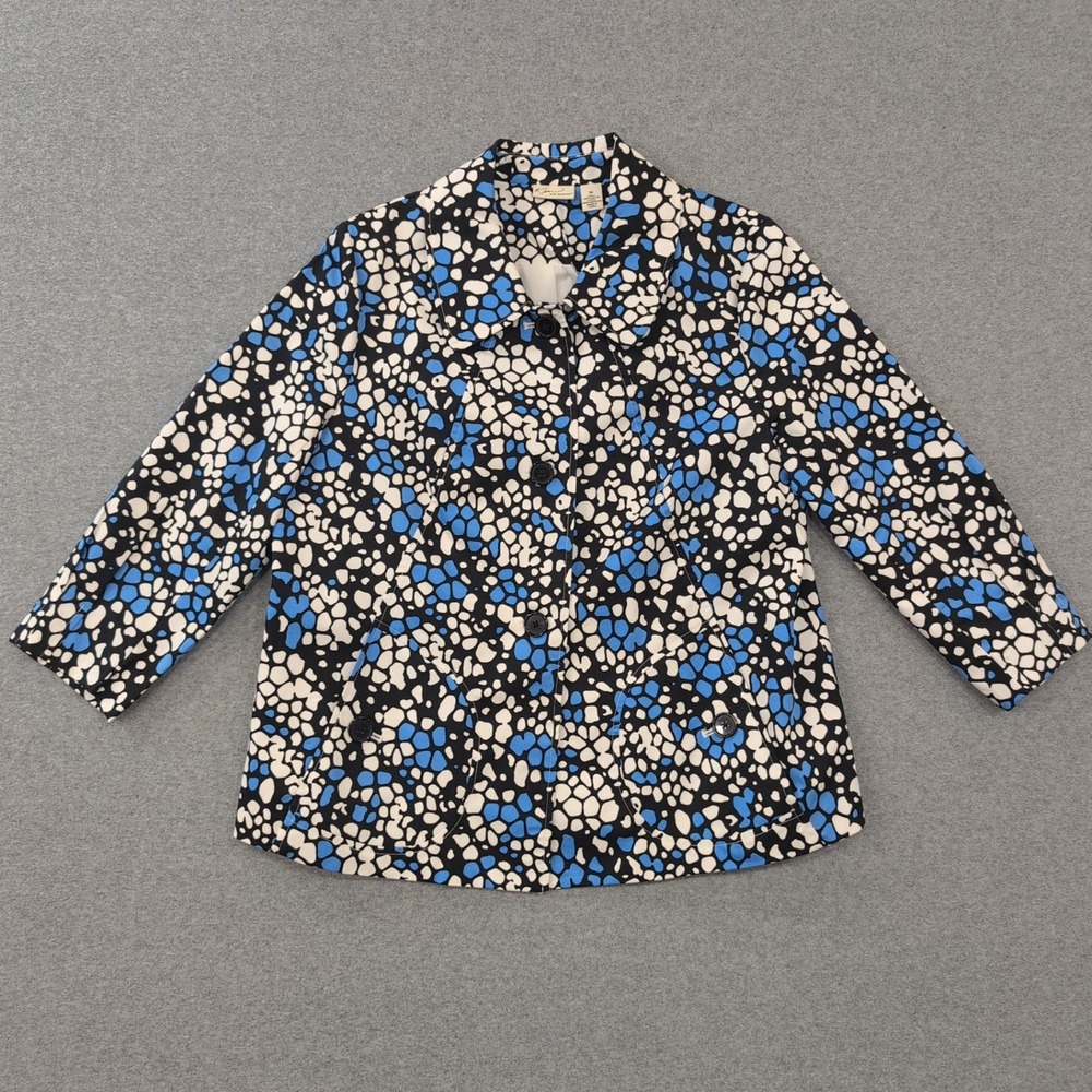 Kim Rogers Floral Print Cotton Blend Blazer Jacket Blue White Black Medium